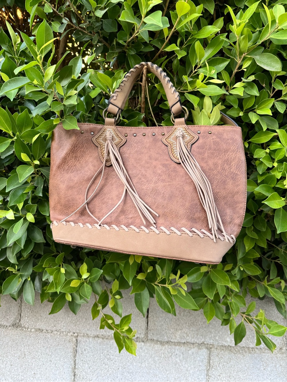 Justin trenditions chestnut stitch Two-Tone Brown Fringe Tote